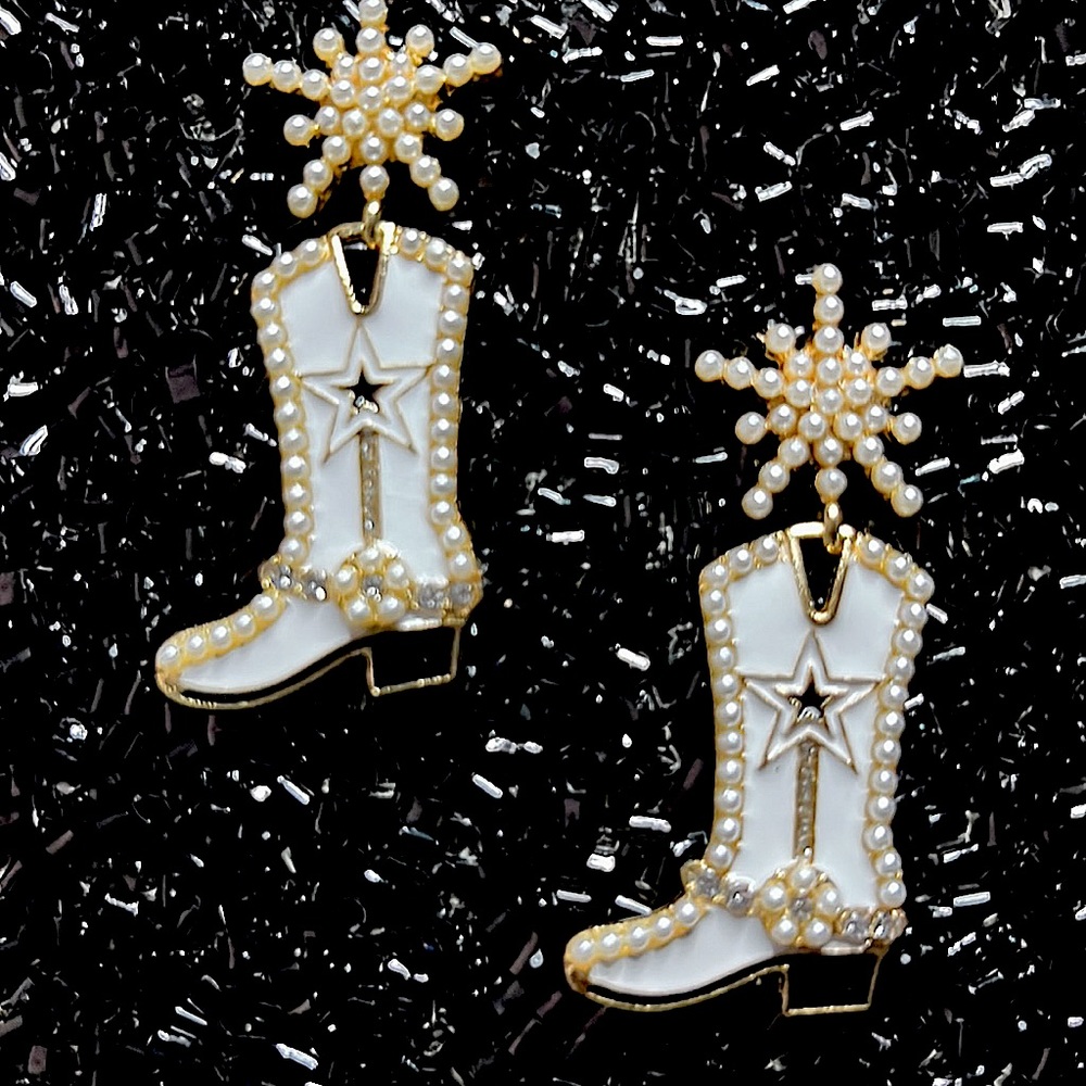 White Cowgirl Earrings Post Earrings.With faux Pearle & Rhinestone accents